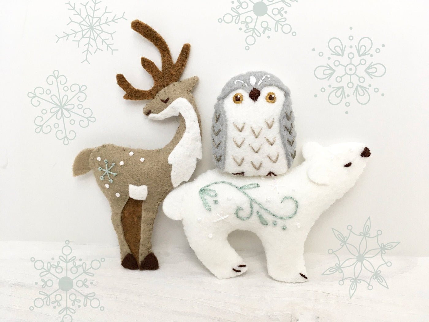 set of 6 Winter Animals plush felt Sewing patterns, Christmas