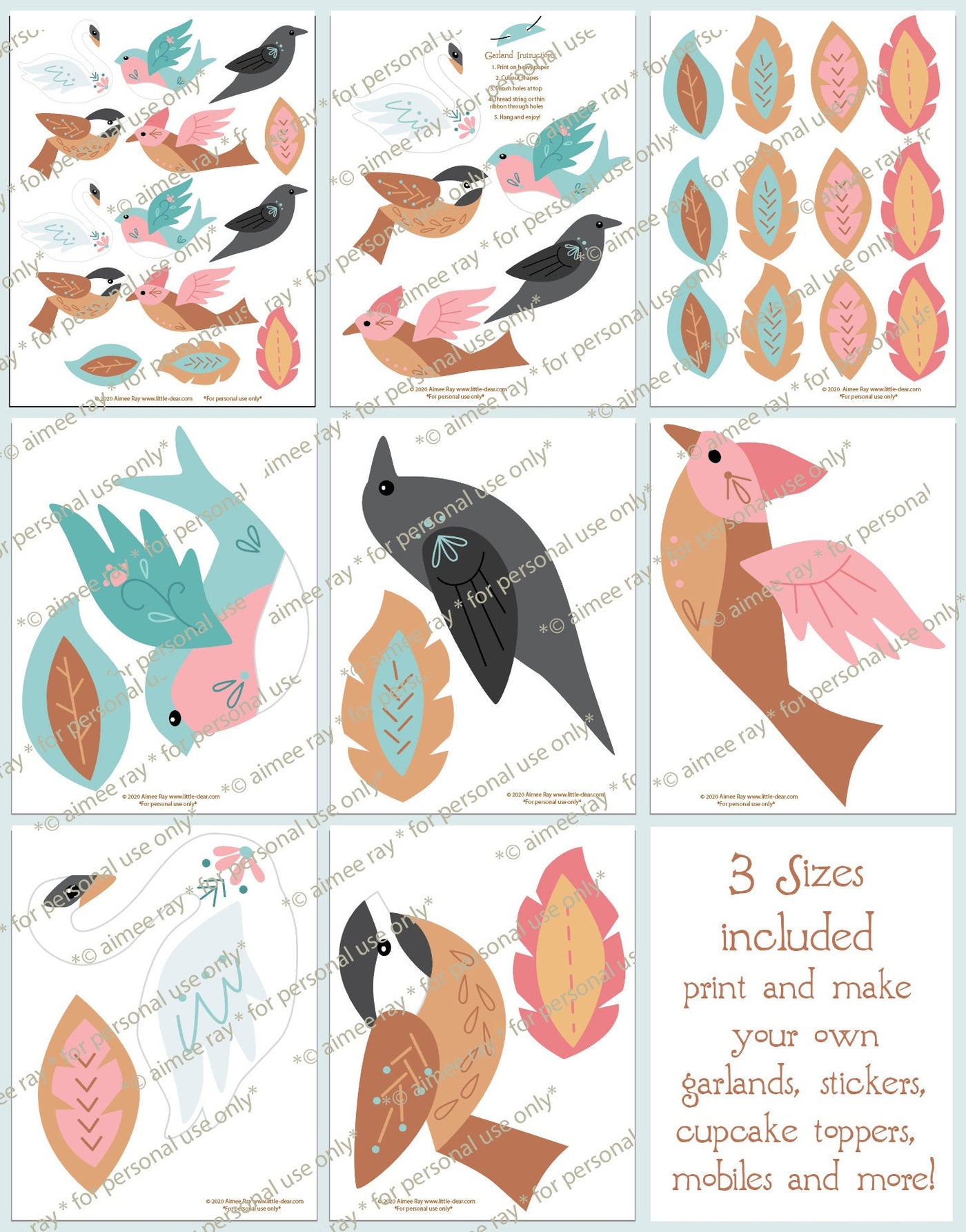 Birds and Feathers printable/ SVG download for garlands, stickers, party