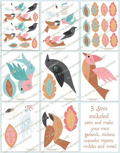 Birds and Feathers printable/ SVG download for garlands, stickers, party