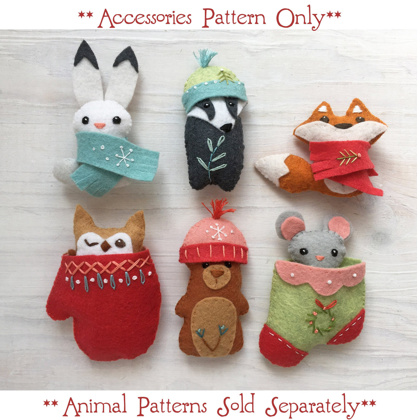 Cozy Clothes Sewing Pattern, Winter Christmas Accessories for Felt Animals (sold separately)