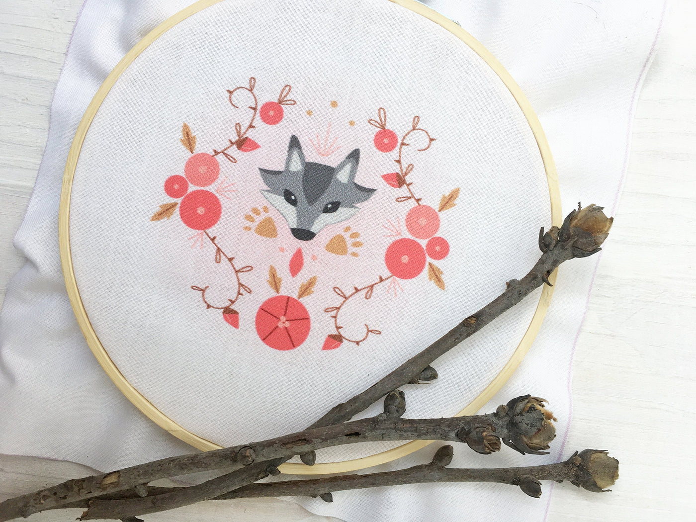 Wolf and Roses hand embroidery fabric sampler