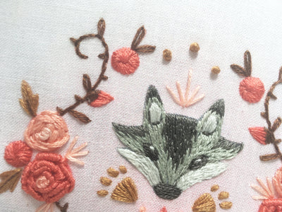 Wolf and Roses hand embroidery fabric sampler