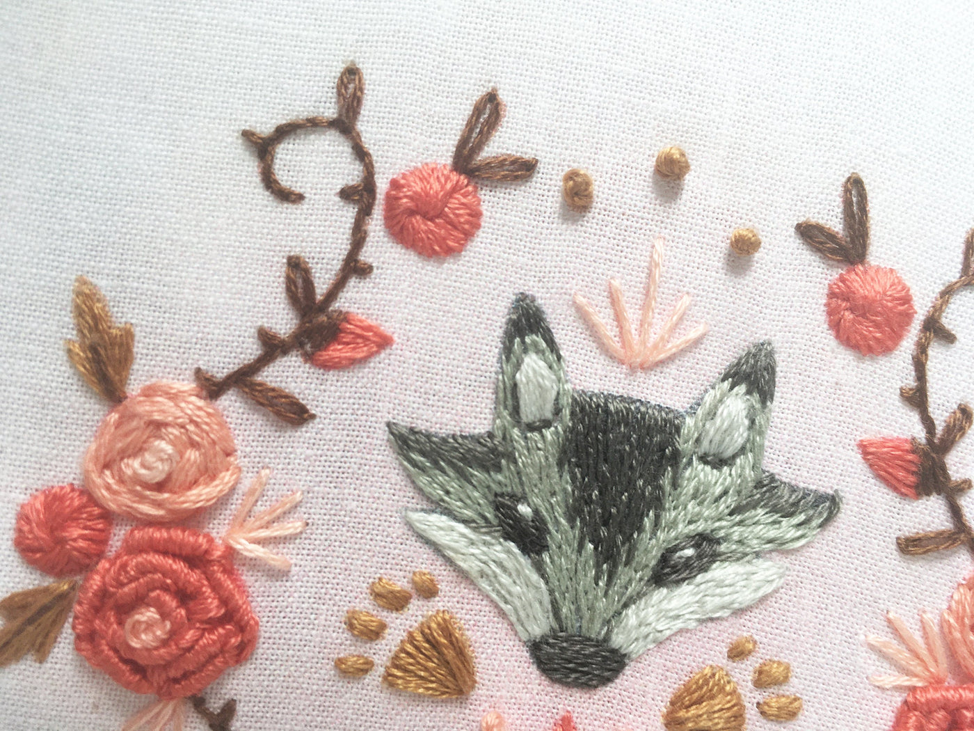 Wolf and Roses Beginner hand embroidery pattern download