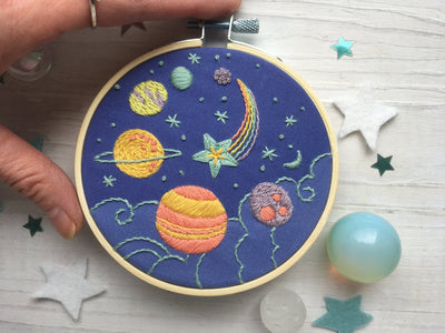 Planets and Stars Hand Embroidery 4 inch printed fabric sampler