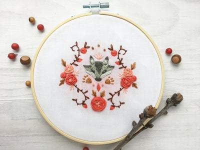 Wolf and Roses hand embroidery fabric sampler