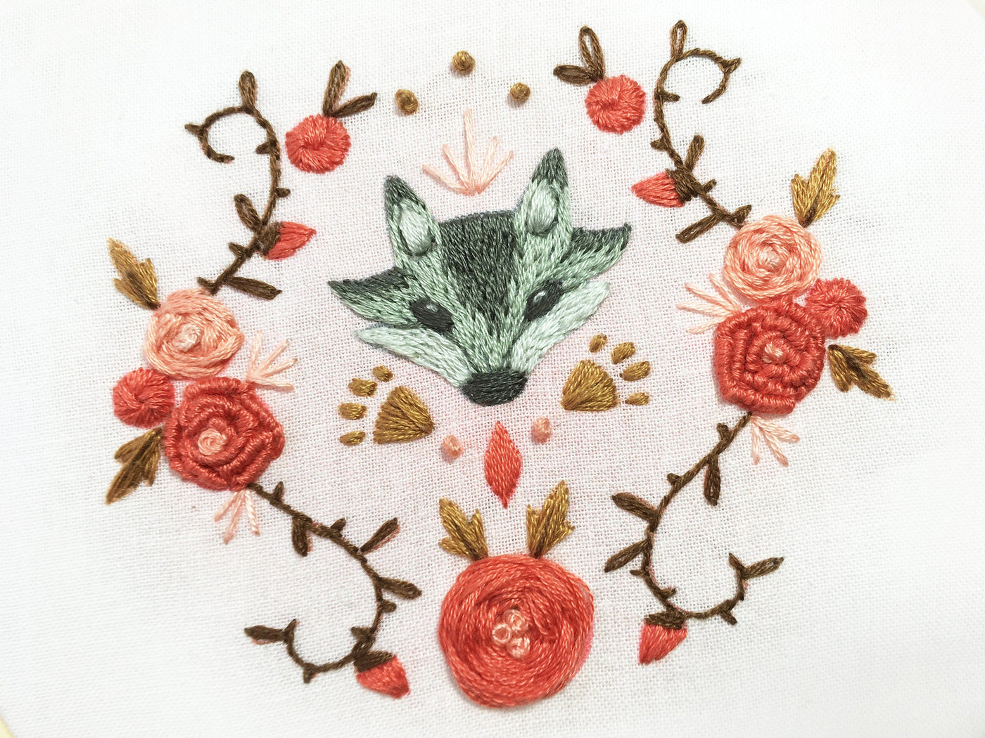 Wolf and Roses hand embroidery fabric sampler