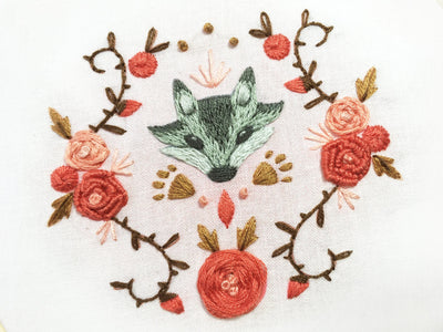Wolf and Roses hand embroidery fabric sampler