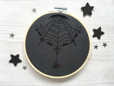 Black Spider Web Halloween Hand Embroidery Sampler
