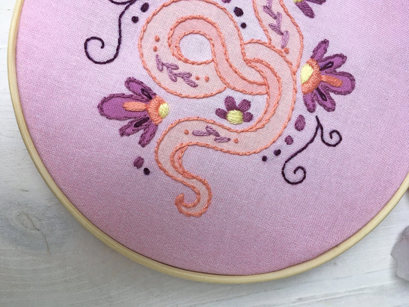 Snake and Flowers Hand Embroidery fabric sampler