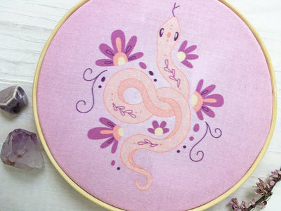 Snake and Flowers Hand Embroidery fabric sampler