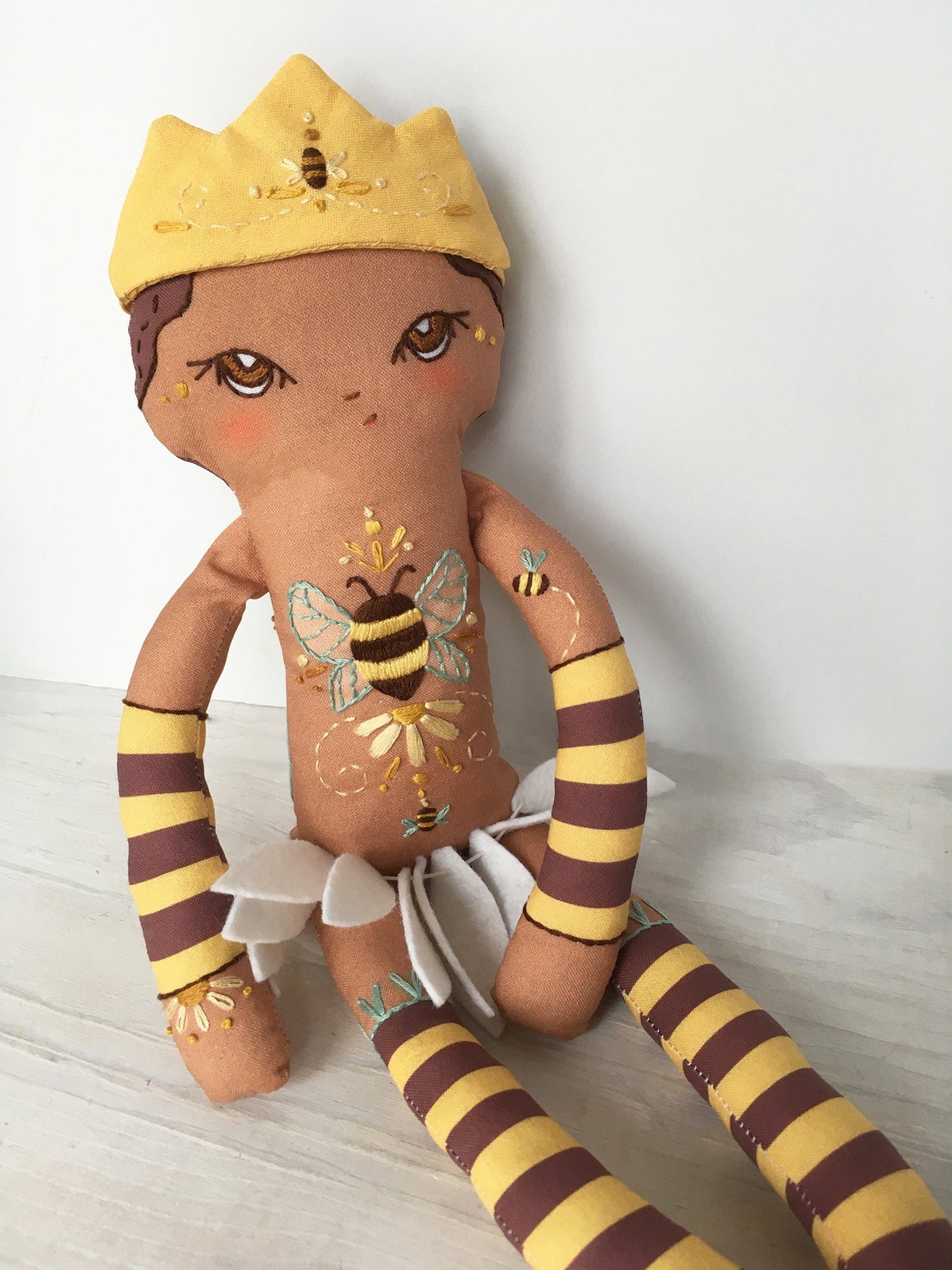 DIY Cut and Sew Sweet Bea embroidered cloth doll, honey bee, bumble bee queen