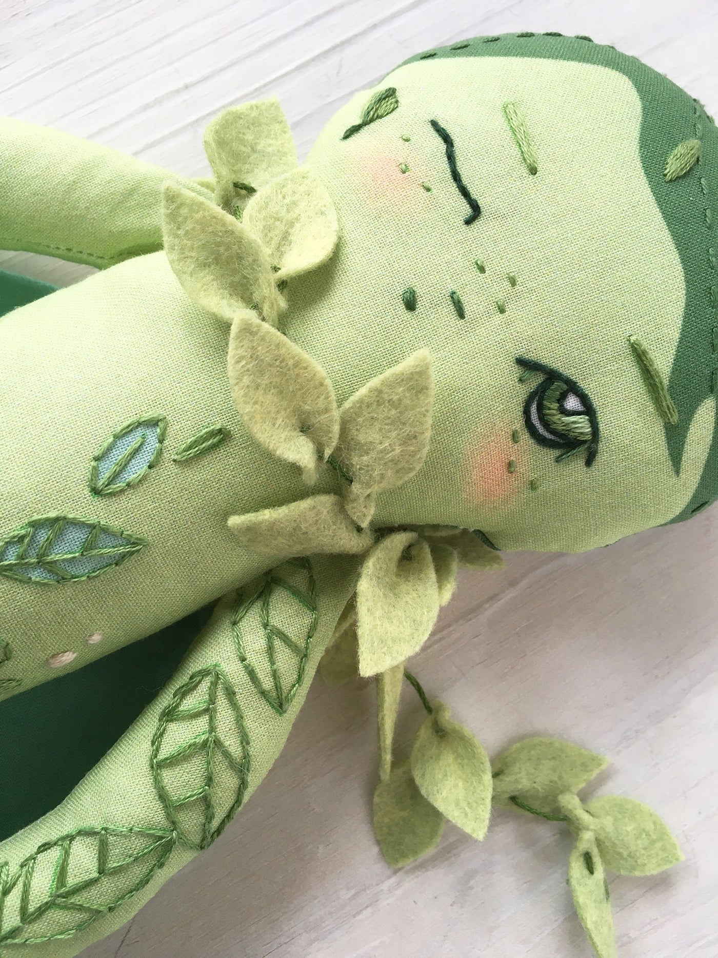 DIY Cut and Sew Fern the Leaf Faery cloth doll with embroidery