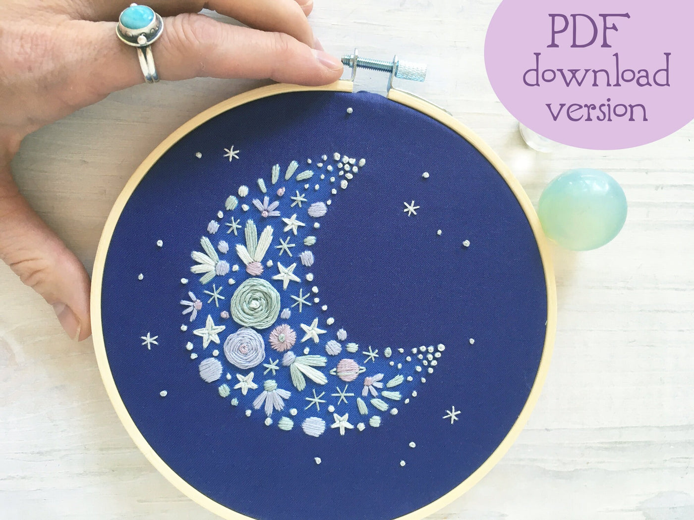 Floral Crescent Moon Hand Embroidery Pattern download