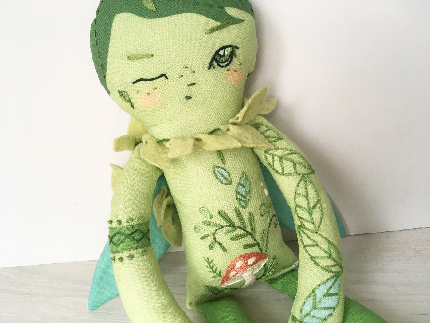 DIY Cut and Sew Fern the Leaf Faery cloth doll with embroidery
