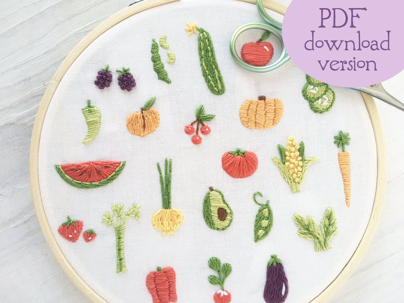 Tiny Fruits and Veggies Hand Embroidery pattern download