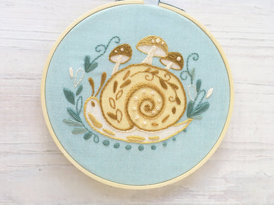 Snail and Mushrooms Hand Embroidery fabric sampler
