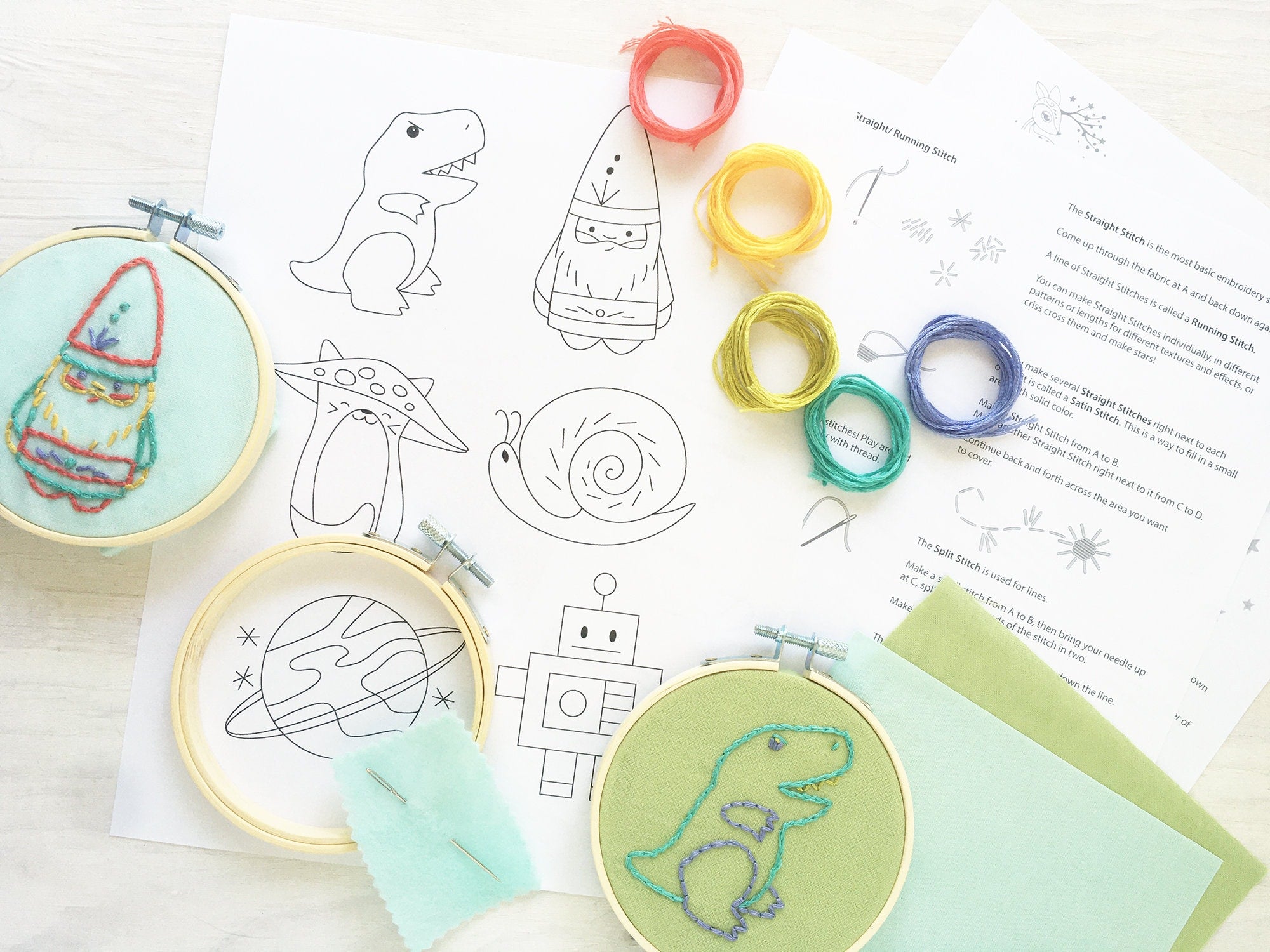 Hand Embroidery for Kids, Learn to Embroider With the Kid Stitch Kit,  Rainbow Floss, Hoop, Needle, Patterns and Fabric, DIY Craft Kit 