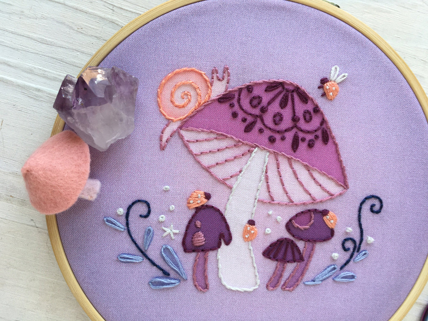 Purple Mushrooms, Snail and Ladybugs Hand Embroidery pattern