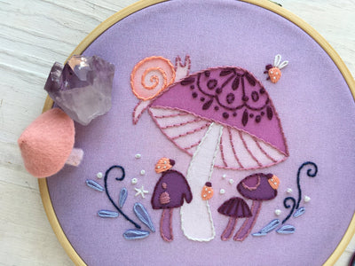 Purple Mushroom, ladybugs and snail Printed Fabric Embroidery sampler