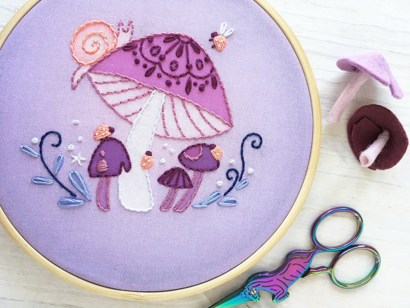 Purple Mushroom, ladybugs and snail Printed Fabric Embroidery sampler