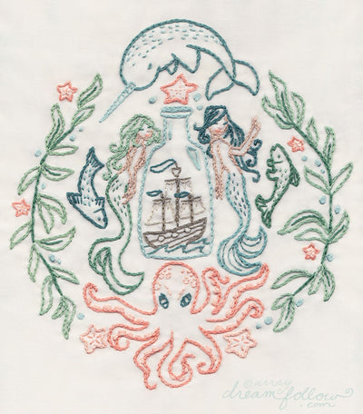Ship in a Bottle Hand Embroidery Pattern, Mermaids, Narwhal, Octopus