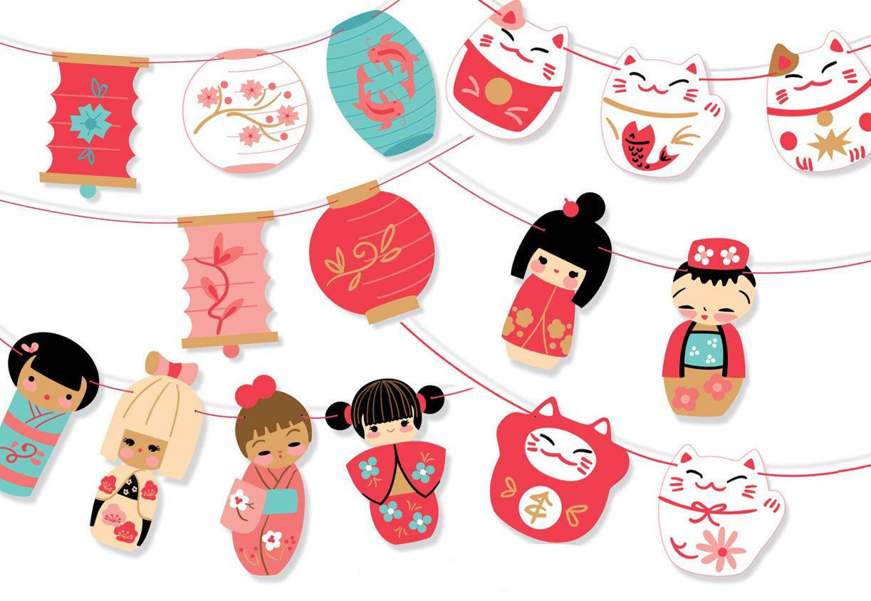 Printable Kokeshi Dolls Garland, finger puppets, cut file SVG
