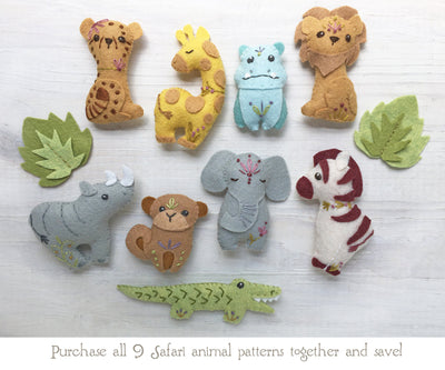 Safari Jungle felt animals plush Sewing Pattern set 1