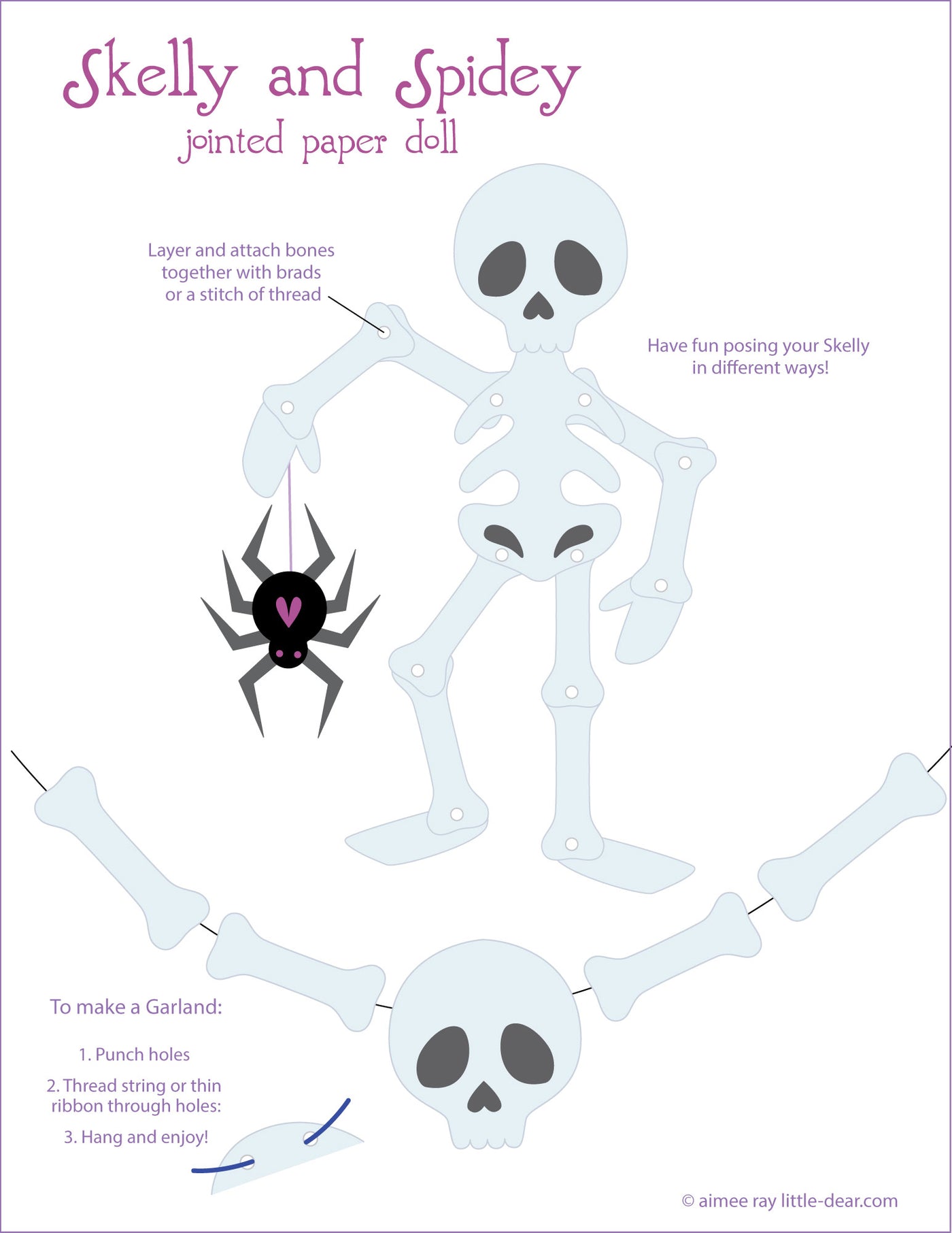 Jointed Skeleton and Spider Halloween paper doll cut files