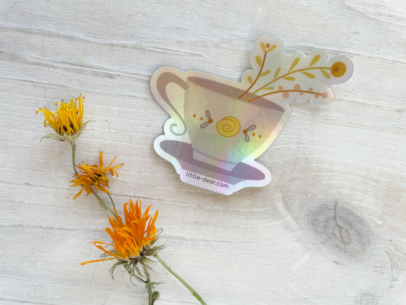 Holographic Tea Cup rainbow Vinyl Sticker