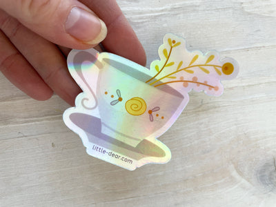 Holographic Tea Cup rainbow Vinyl Sticker